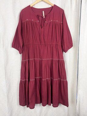 Mata Traders dark red embroidered tiered A-line cotton dress boho cottagecore
